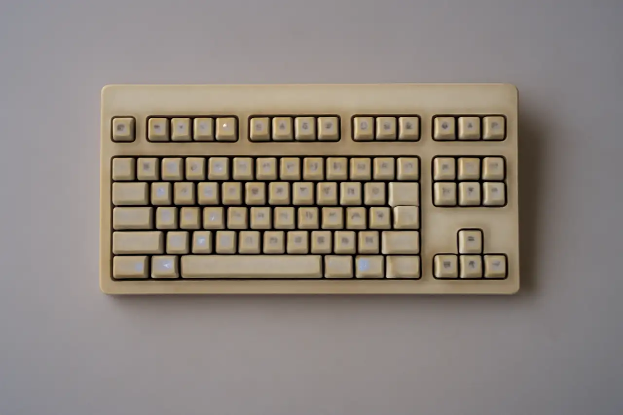 Alte beige Tastatur auf einem Schreibtisch von oben